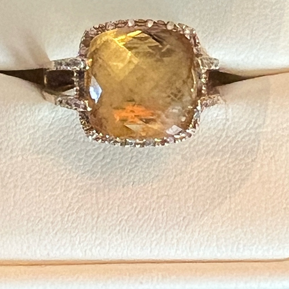6.99 Ct. Checkerboard Cushion Citrine and Diamond Ring